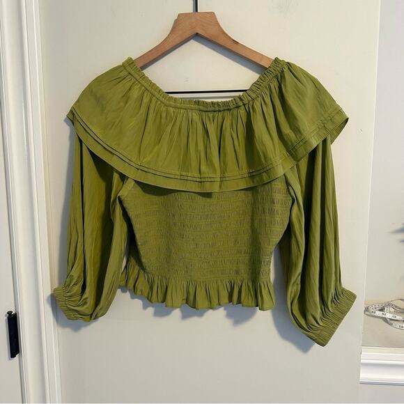 Ramy Brook Green Smocked Long Sleeve Crop Blouse Top Medium - Picture 5 of 10